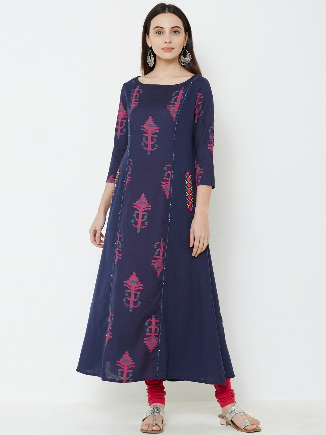 

FASHOR Women Navy Blue & Pink Embroidered Anarkali Kurta