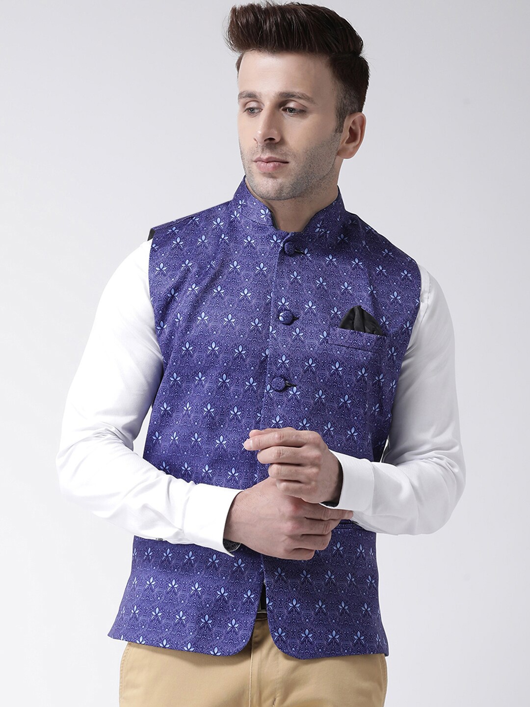 

Hangup Men Blue Printed UV Protected Nehru Jacket
