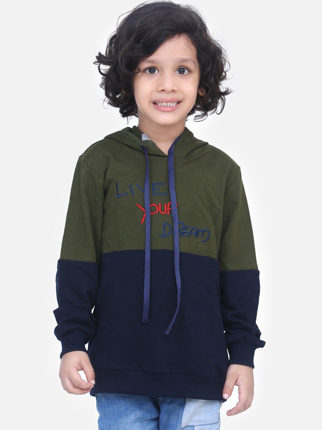 

LilPicks Boys Green & Navy Blue Colourblocked Hooded Sweatshirt