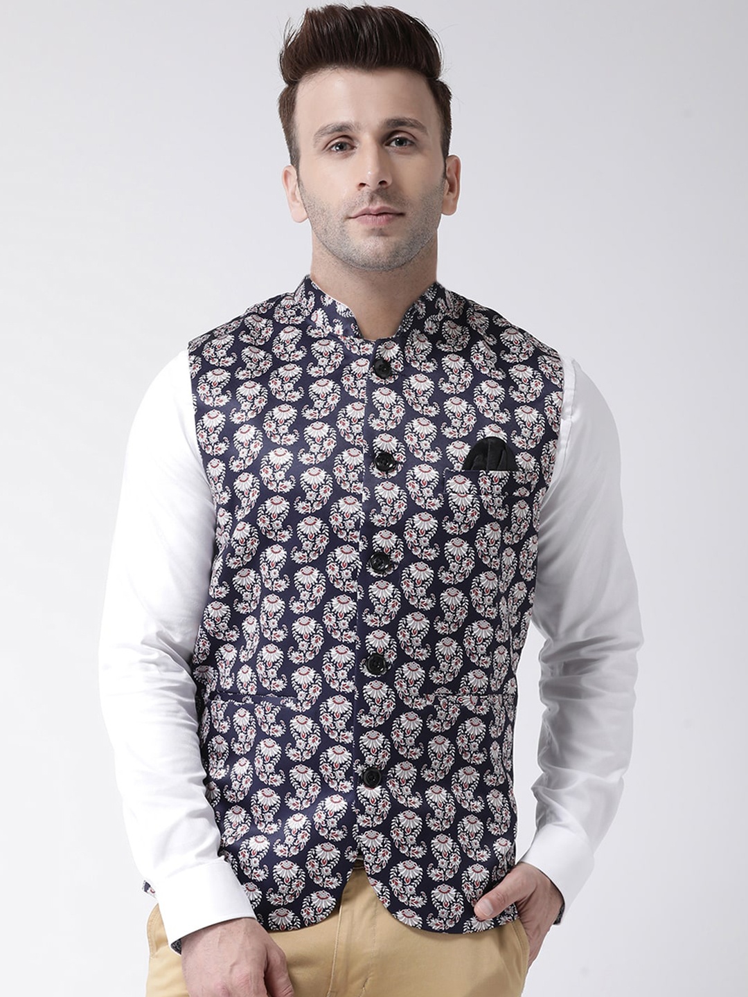 Hangup Men Blue & White Printed UV Protected Nehru Jacket