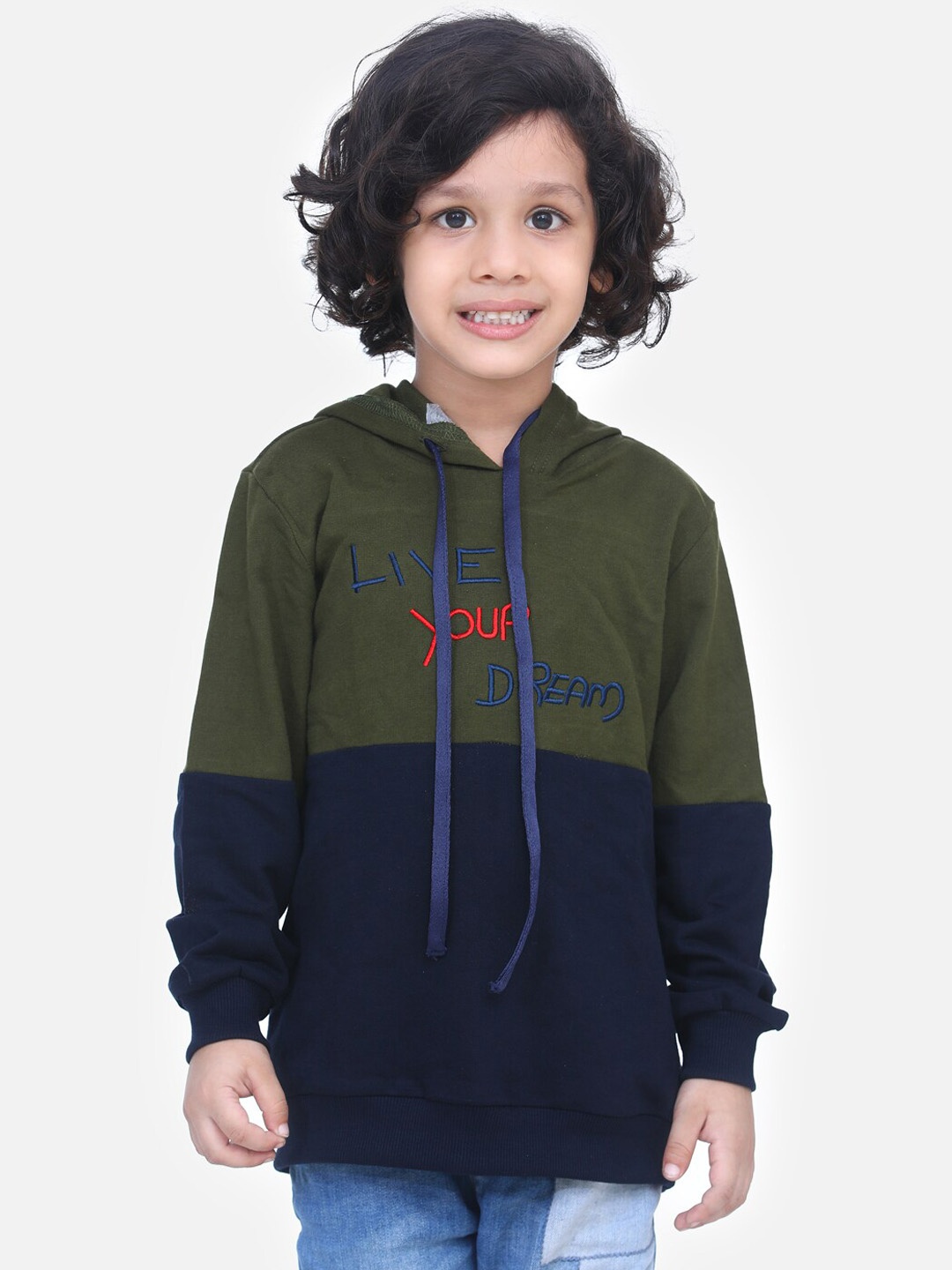 

LilPicks Boys Green & Navy Blue Colourblocked Hooded Sweatshirt