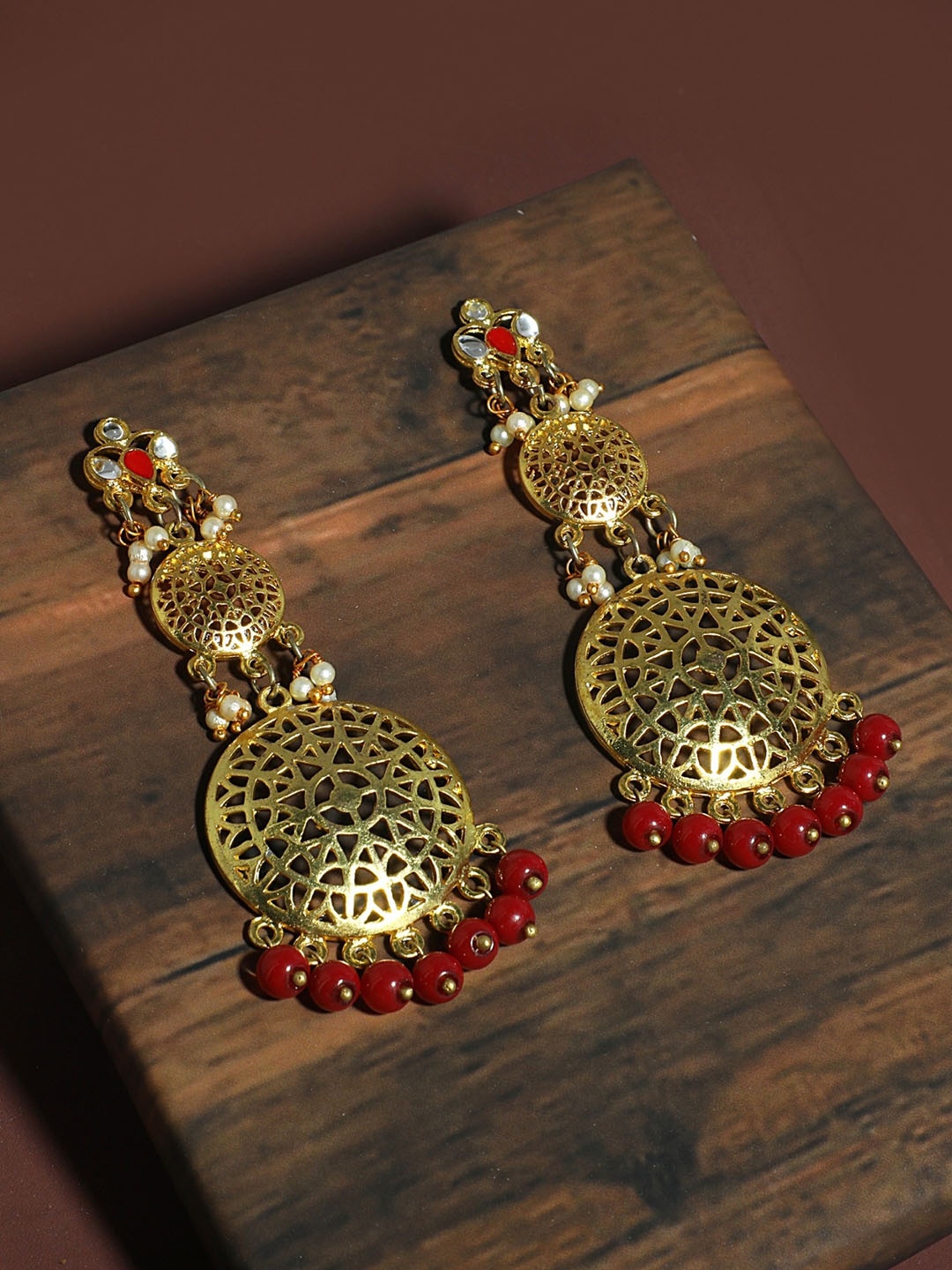 

KARATCART Maroon & Gold-Toned Geometric Jhumkas