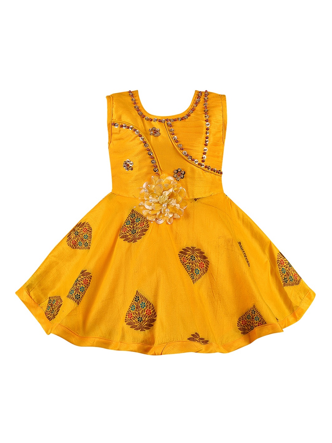 Wish Karo Girls Yellow Printed Fit and Flare Dress