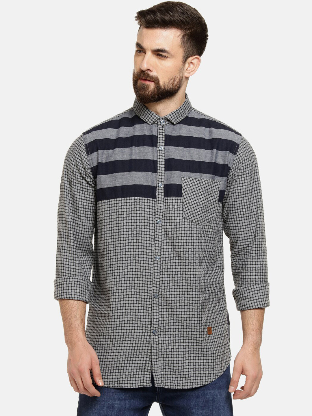 

Campus Sutra Men Grey & Blue Regular Fit Striped Casual Shirt
