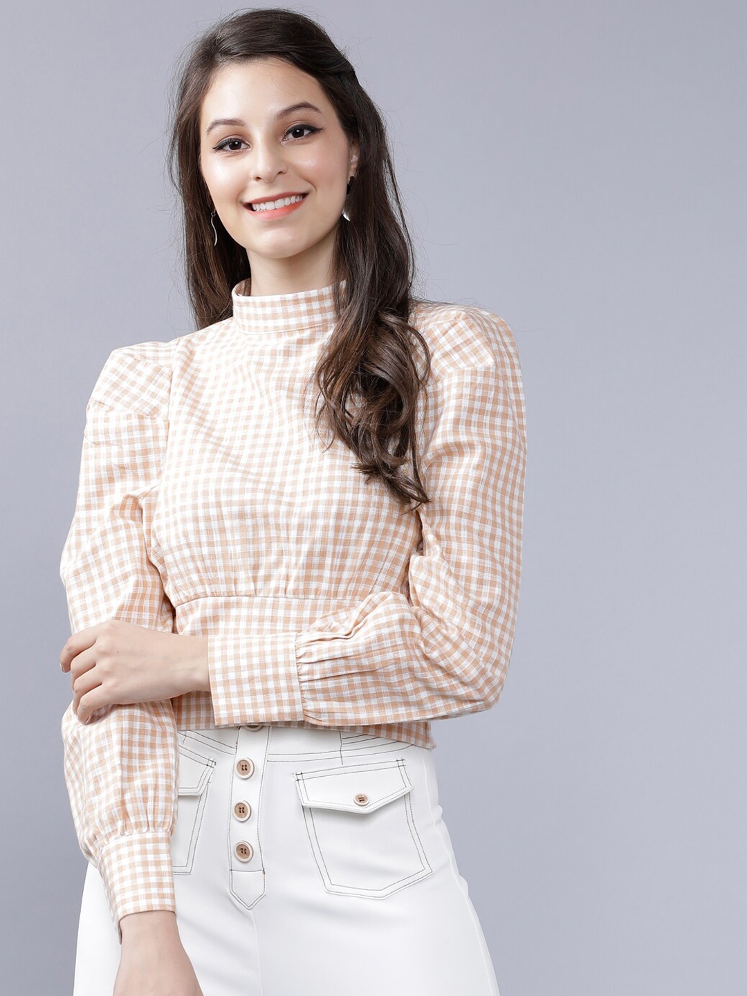 

Tokyo Talkies Women Beige Checked Crop Pure Cotton Top