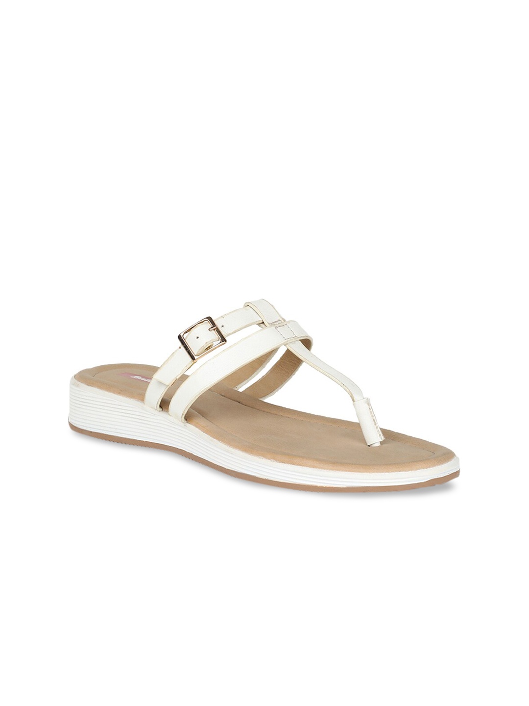 

Bata Women White Solid PU T-Strap Flats