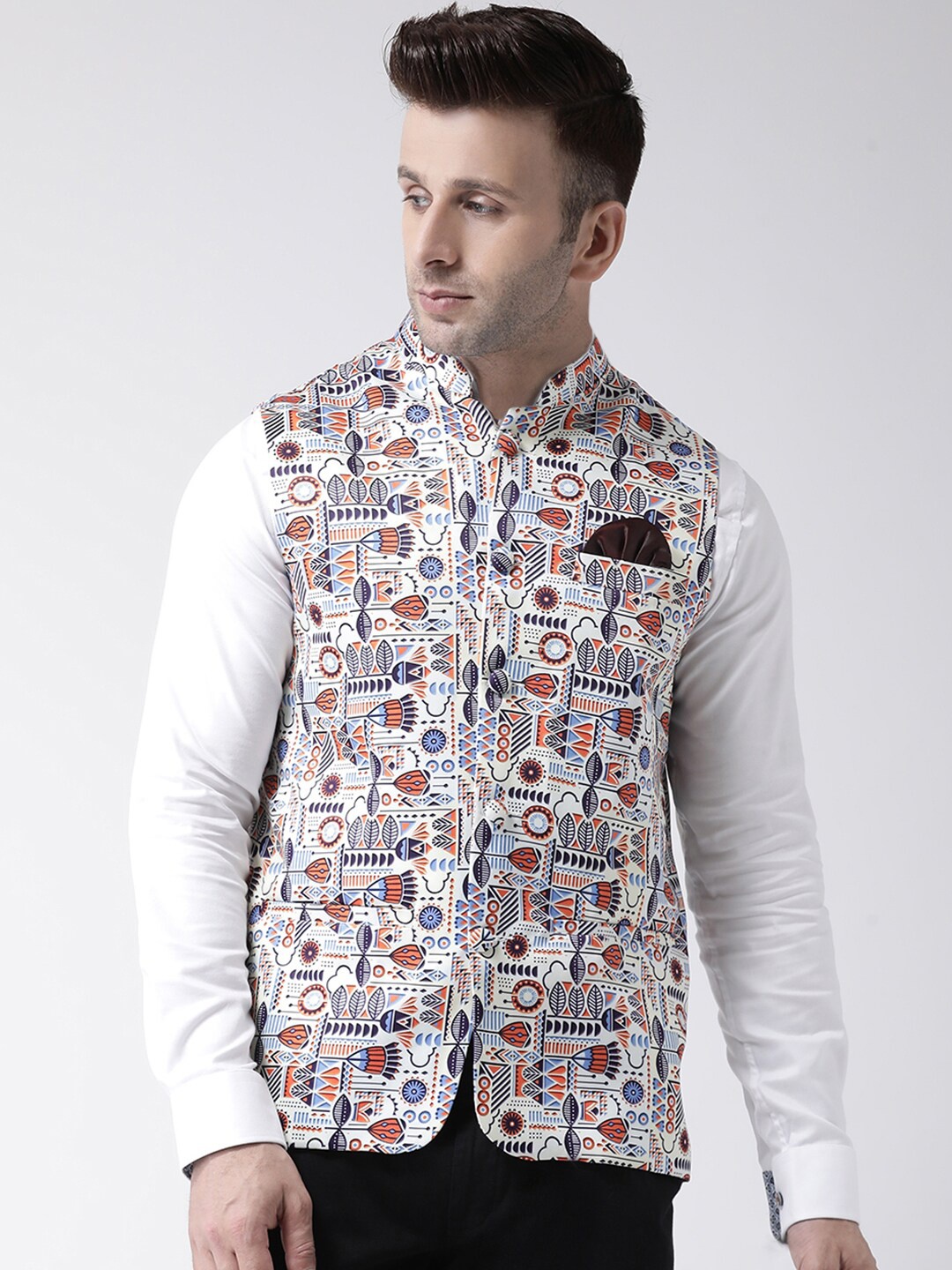 

Hangup Men White & Blue Printed UV Protected Nehru Jacket