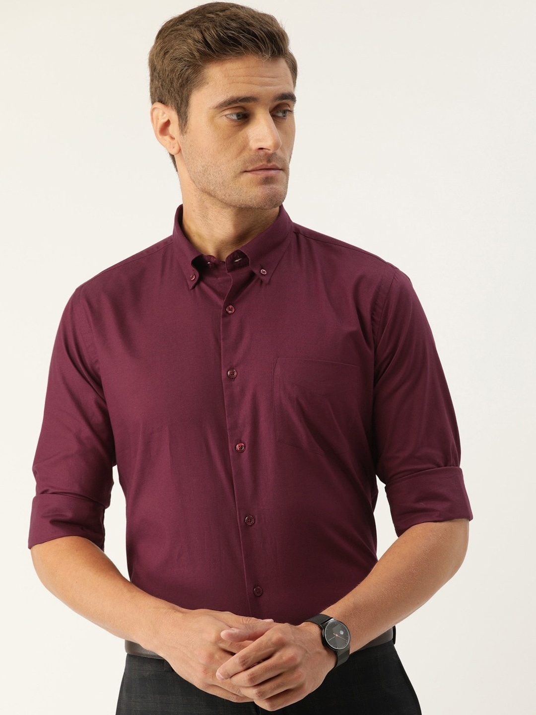 

Hancock Men Maroon Slim Fit Solid Formal Shirt