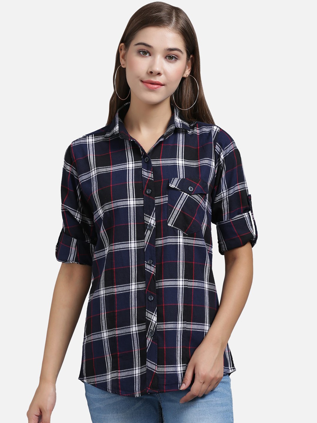 

The Dry State Women Navy Blue Slim Fit Checked Casual Shirt