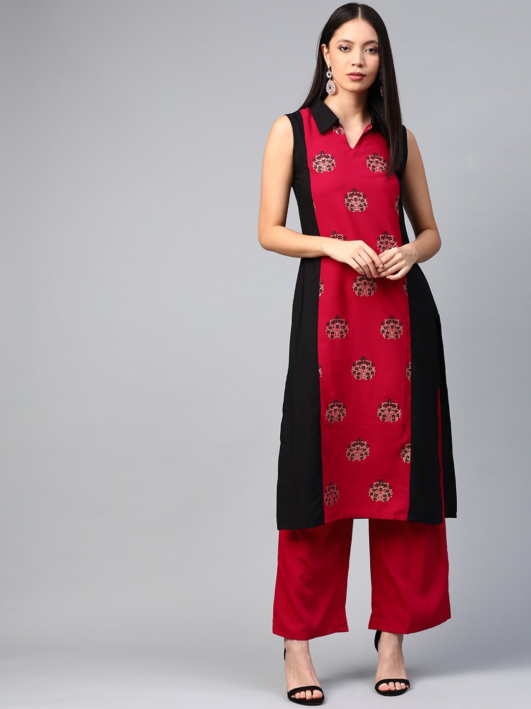 

ZIYAA Women Black & Maroon Printed Straight Kurta