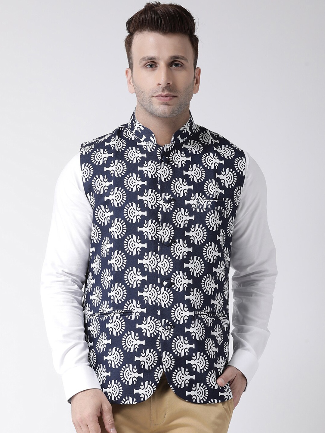 Hangup Men Blue & White Printed UV Protected Nehru Jacket