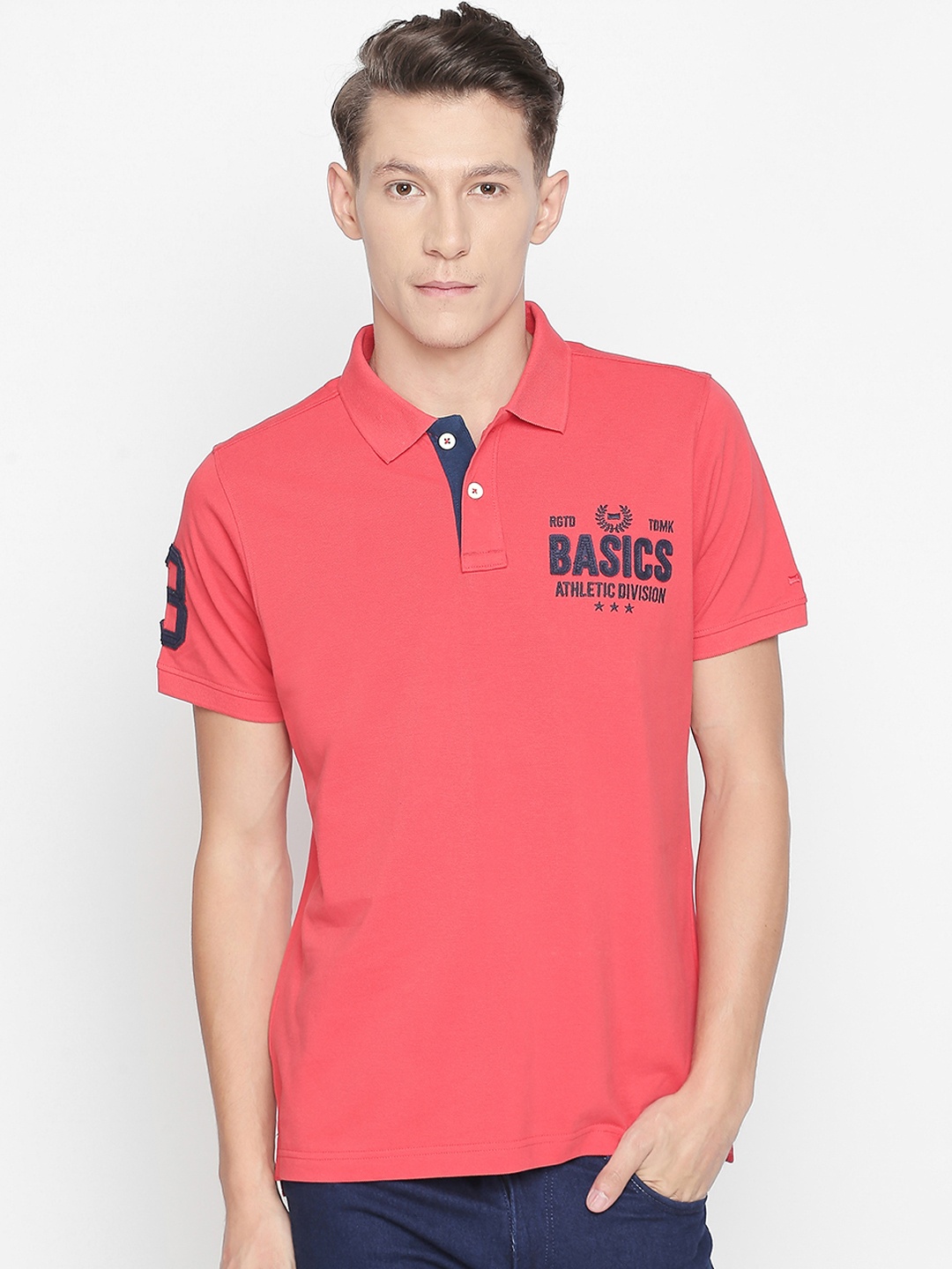 

Basics Men Red Printed V-Neck T-shirt