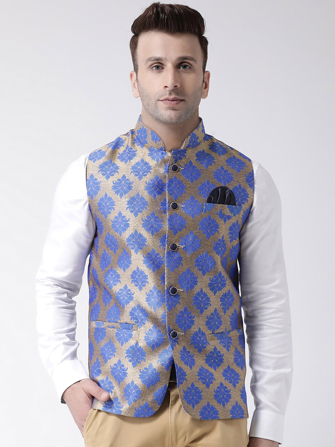 Hangup Men Gold-Coloured & Blue Printed UV Protected Nehru Jacket