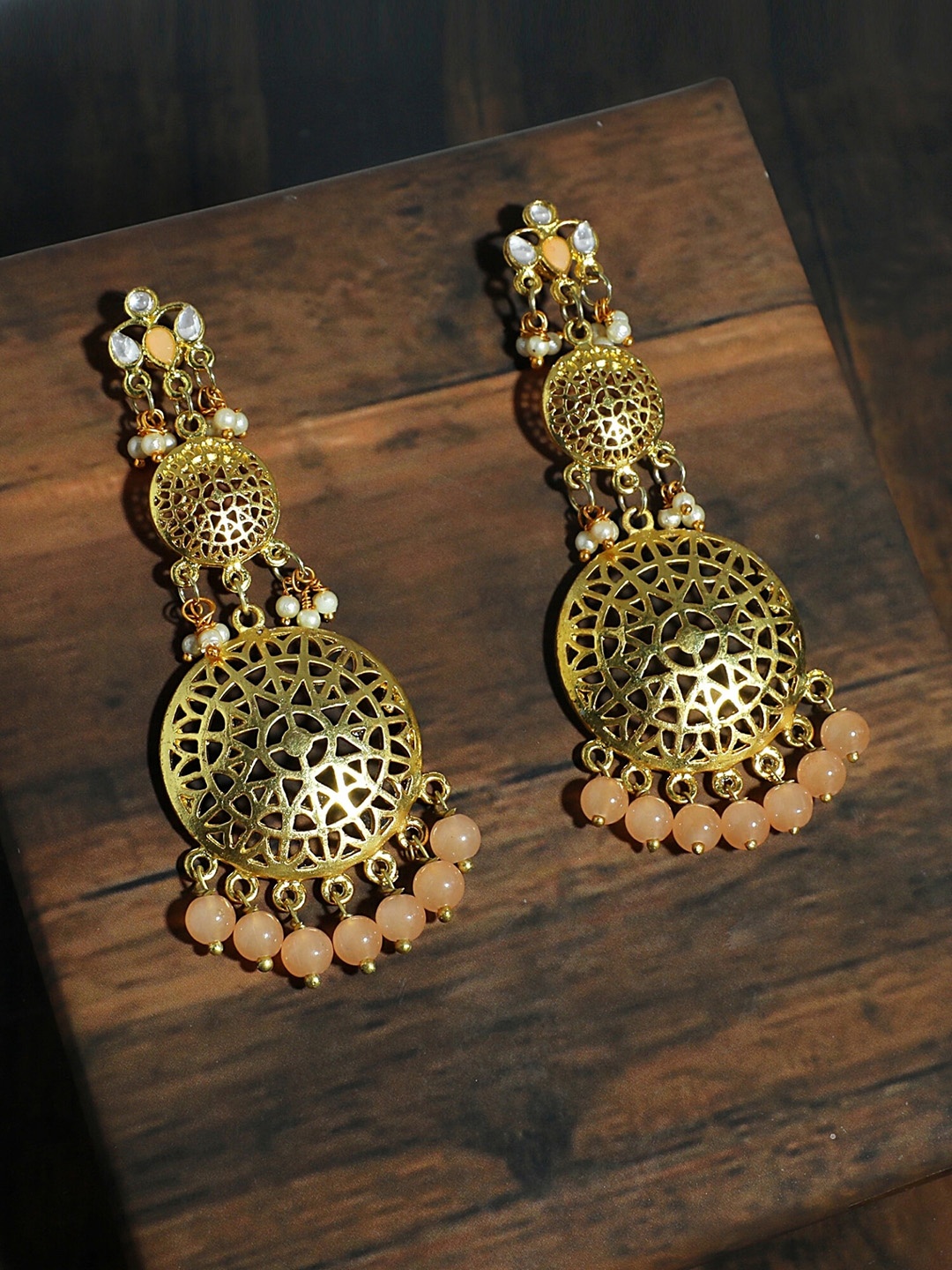 

KARATCART Peach-Coloured & Gold-Toned Geometric Jhumkas