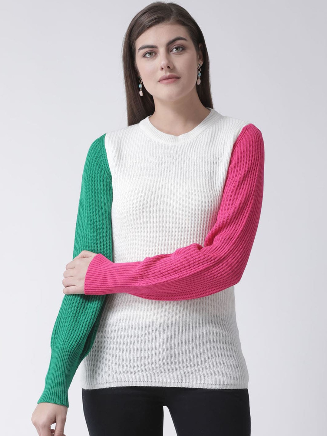 

Club York Women White & Green Colourblocked Pullover Acrylic Sweater