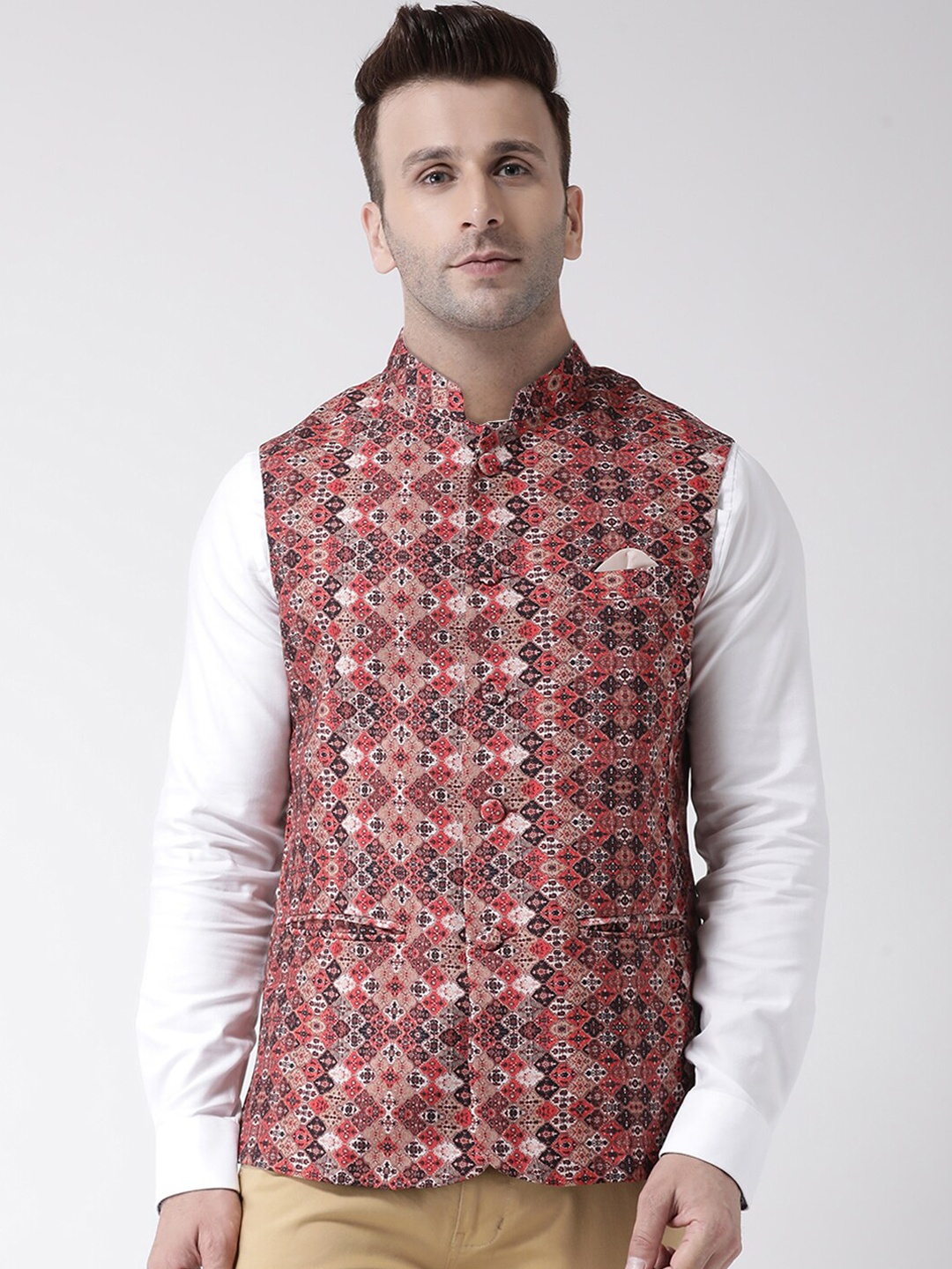 

Hangup Men Red & Beige Printed UV Protected Nehru Jacket