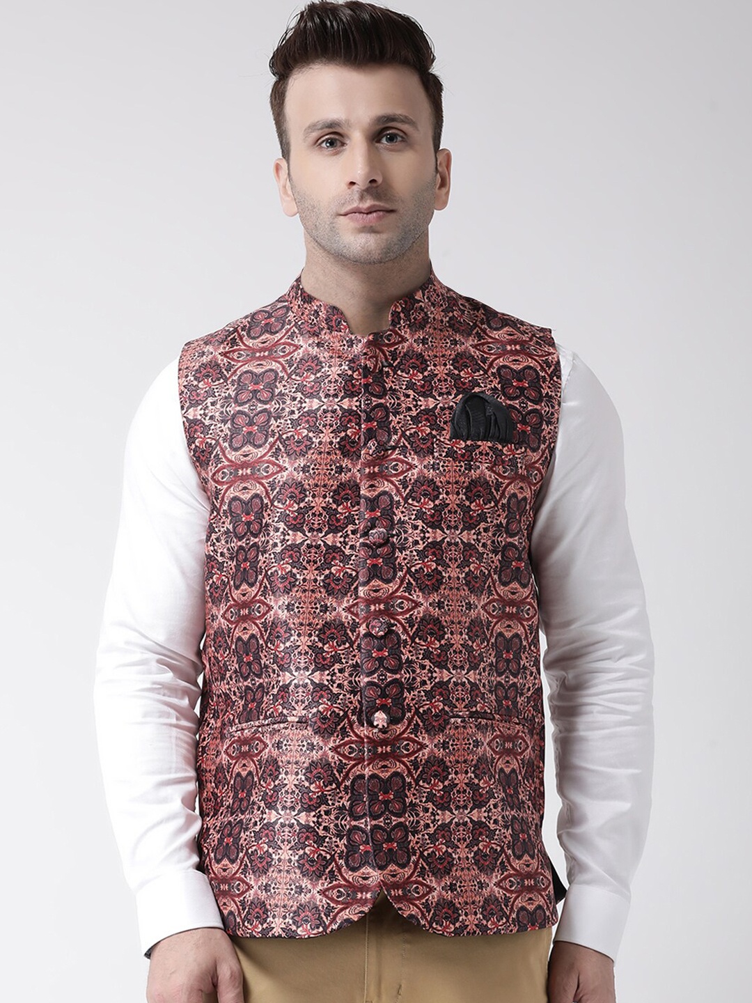 

Hangup Men Brown & Black Printed UV Protected Nehru Jacket