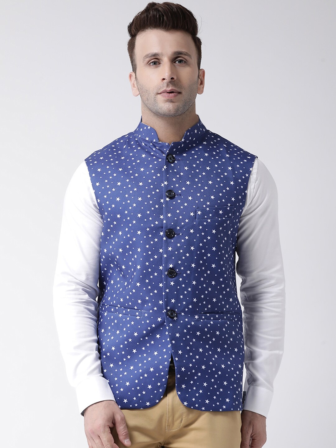 

Hangup Men Blue & White Printed UV Protected Nehru Jacket