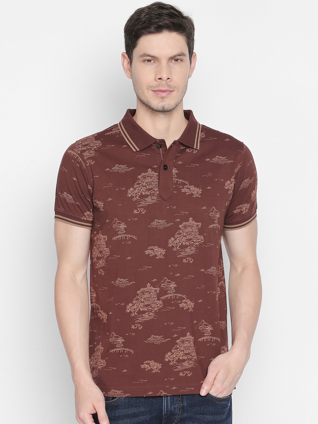 

Basics Men Brown Printed Round Neck T-shirt