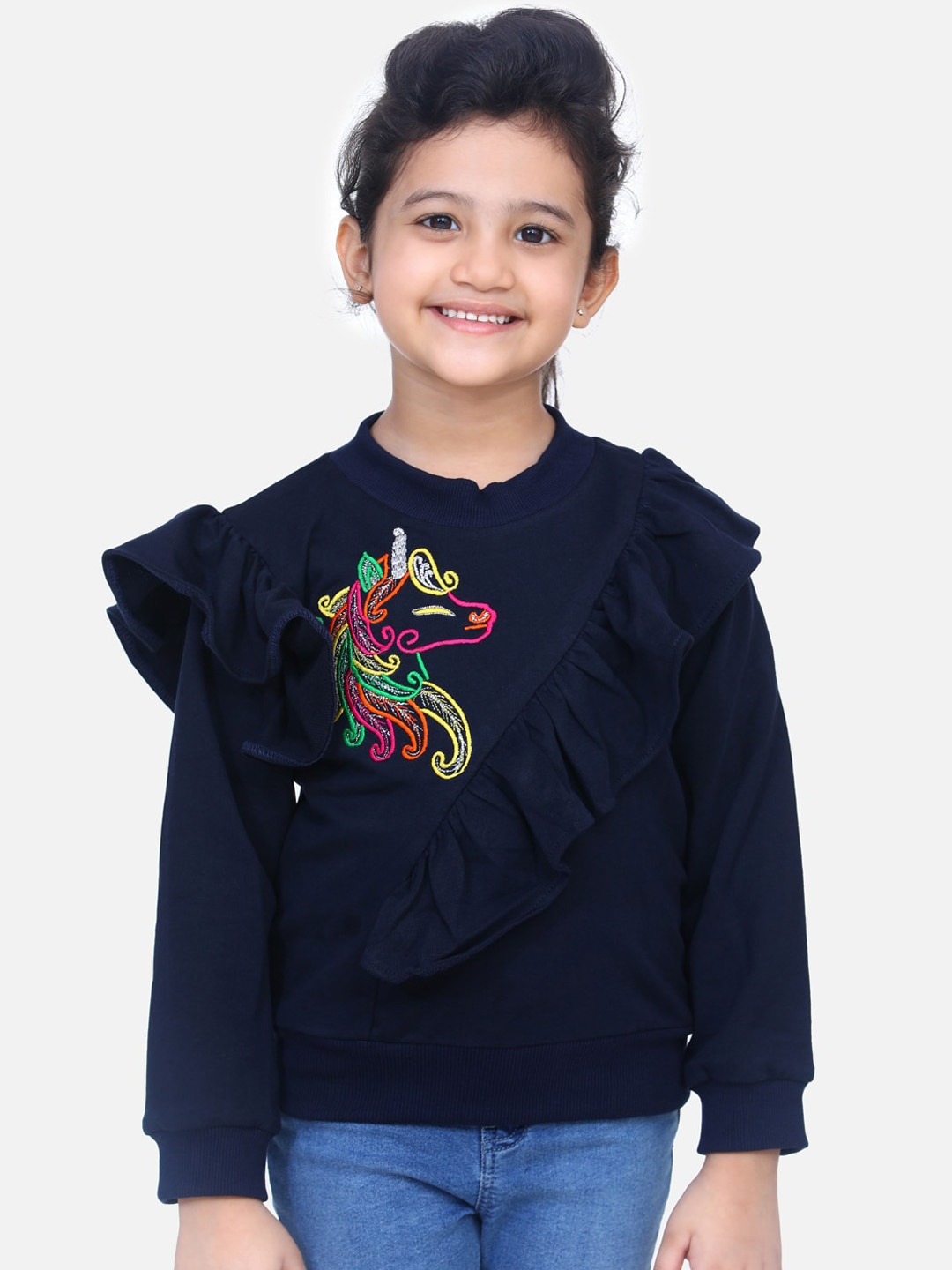 

LilPicks Girls Navy Blue Printed Sweatshirt