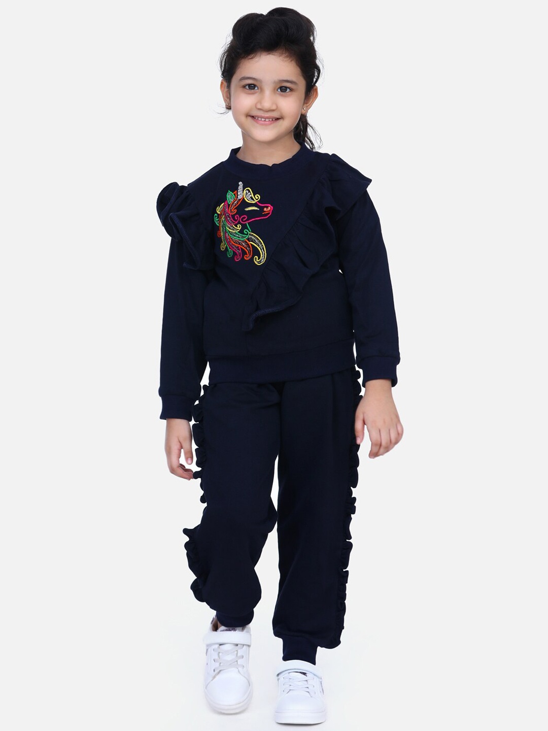 

LilPicks Girls Navy Blue Embroidered Co-Ords Set