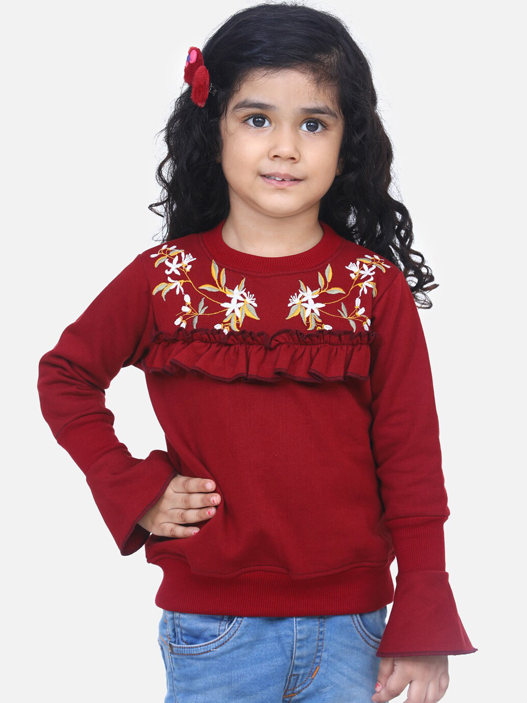 

LilPicks Girls Brown Floral Embroidered Sweatshirt