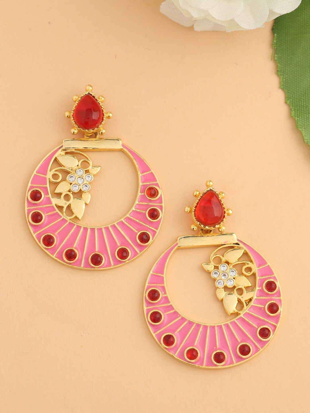 

Tistabene Gold-Plated & Pink Crescent Shaped Enamelled Chandbalis