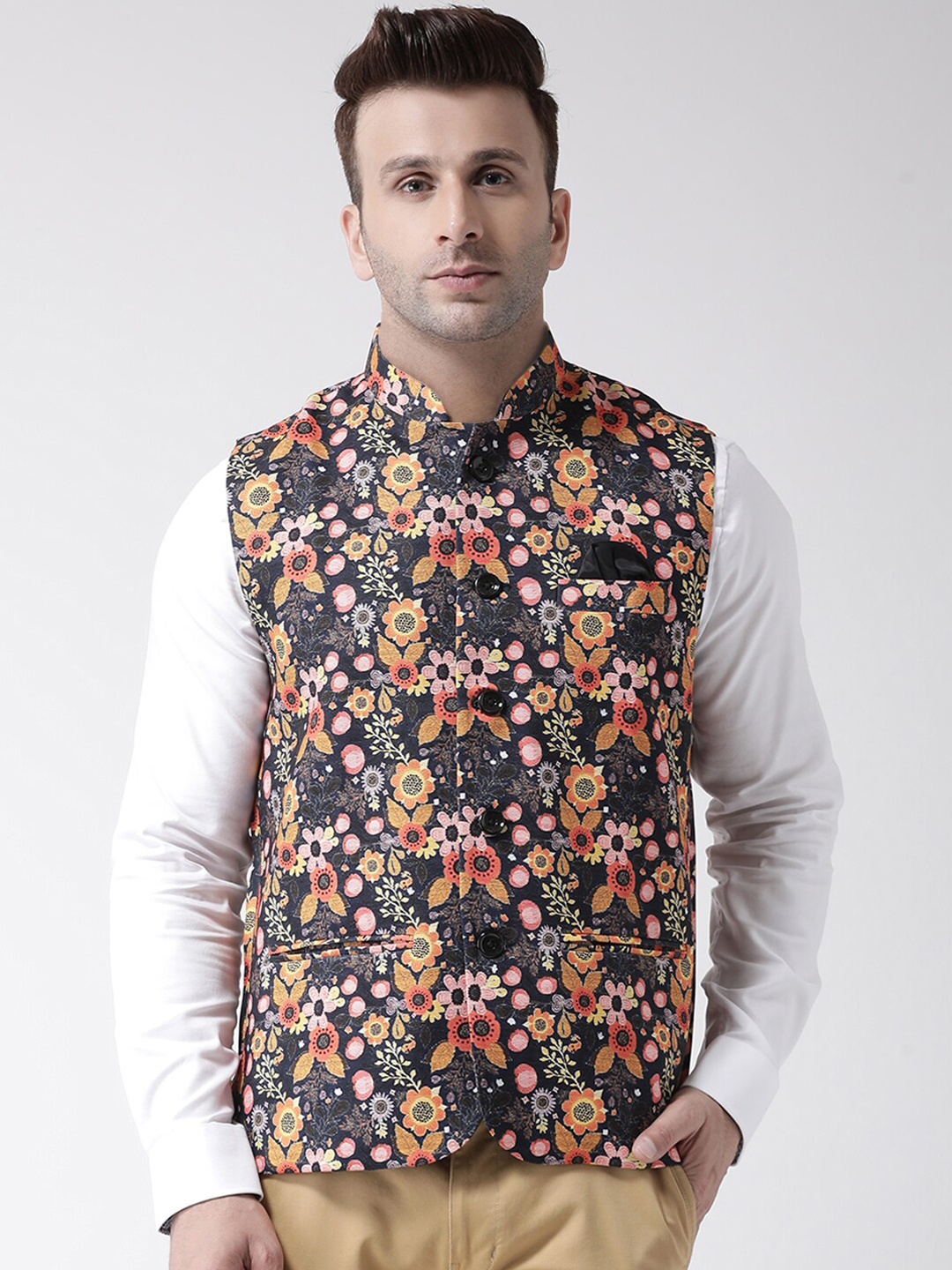 

Hangup Men Black & Orange Printed UV Protected Nehru Jacket