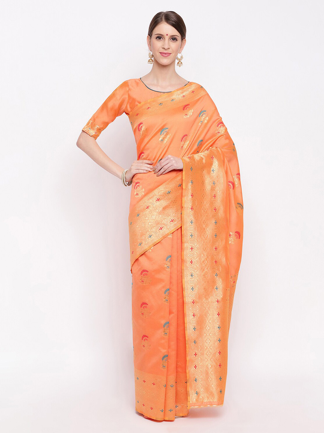 

Vbuyz Orange & Gold-Coloured Silk Blend Woven Design Banarasi Saree