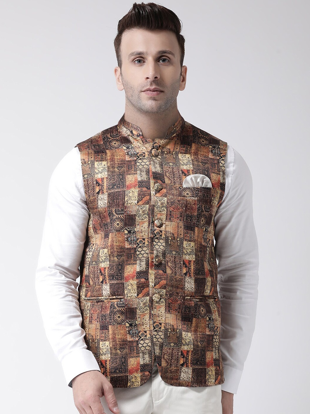 

Hangup Men Brown & Black Printed UV Protected Nehru Jacket