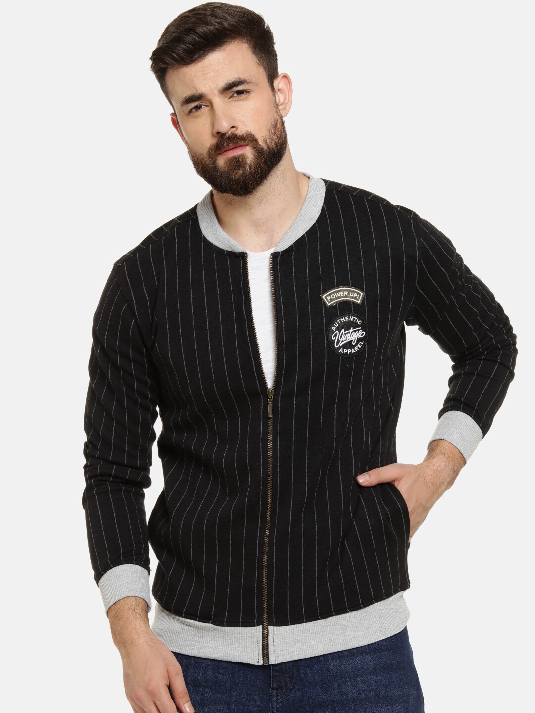 

Campus Sutra Men Black & Grey Striped Bomber