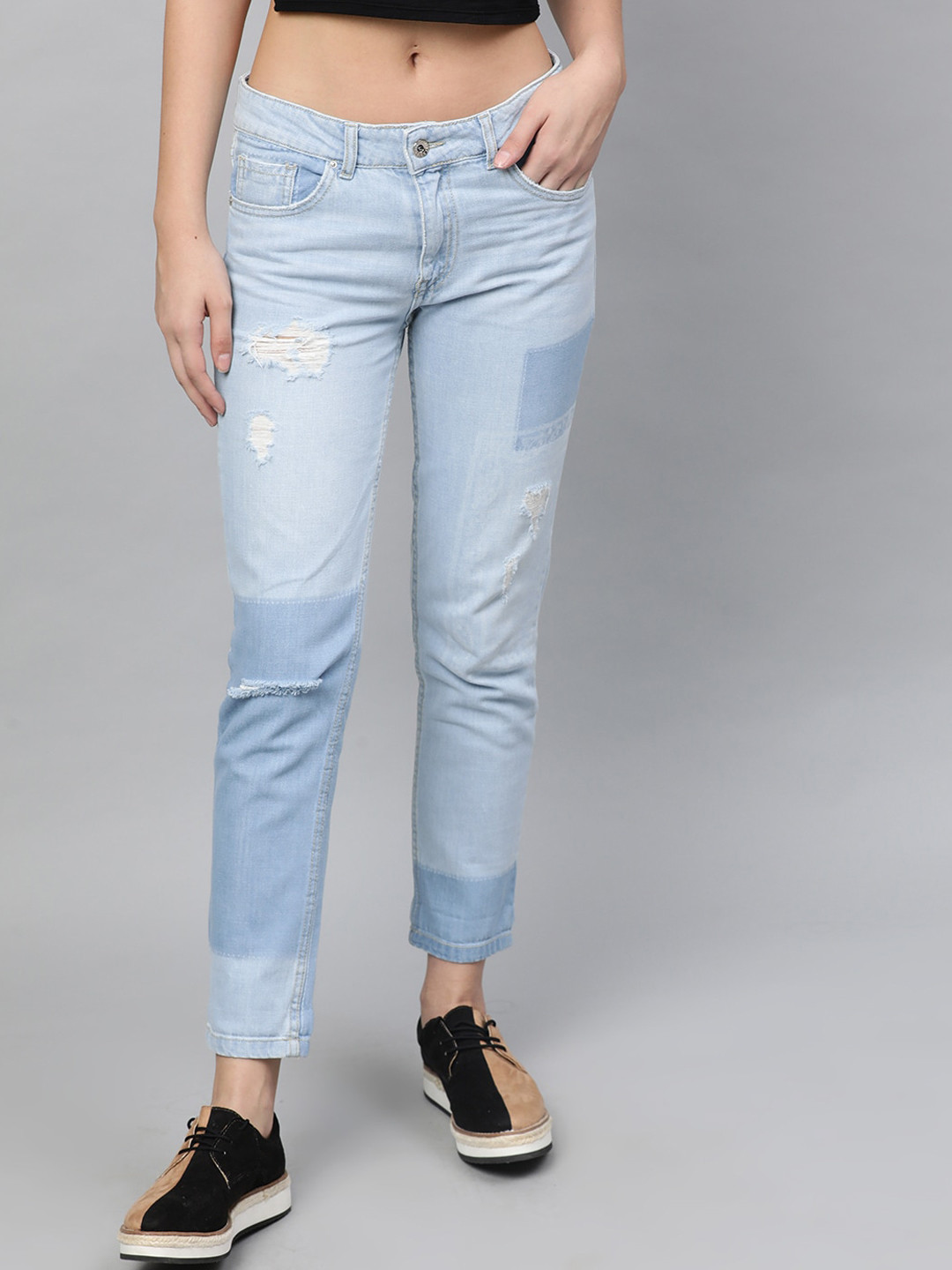

STREET 9 Women Blue Straight Fit Mid-Rise Low Distress Stretchable Jeans