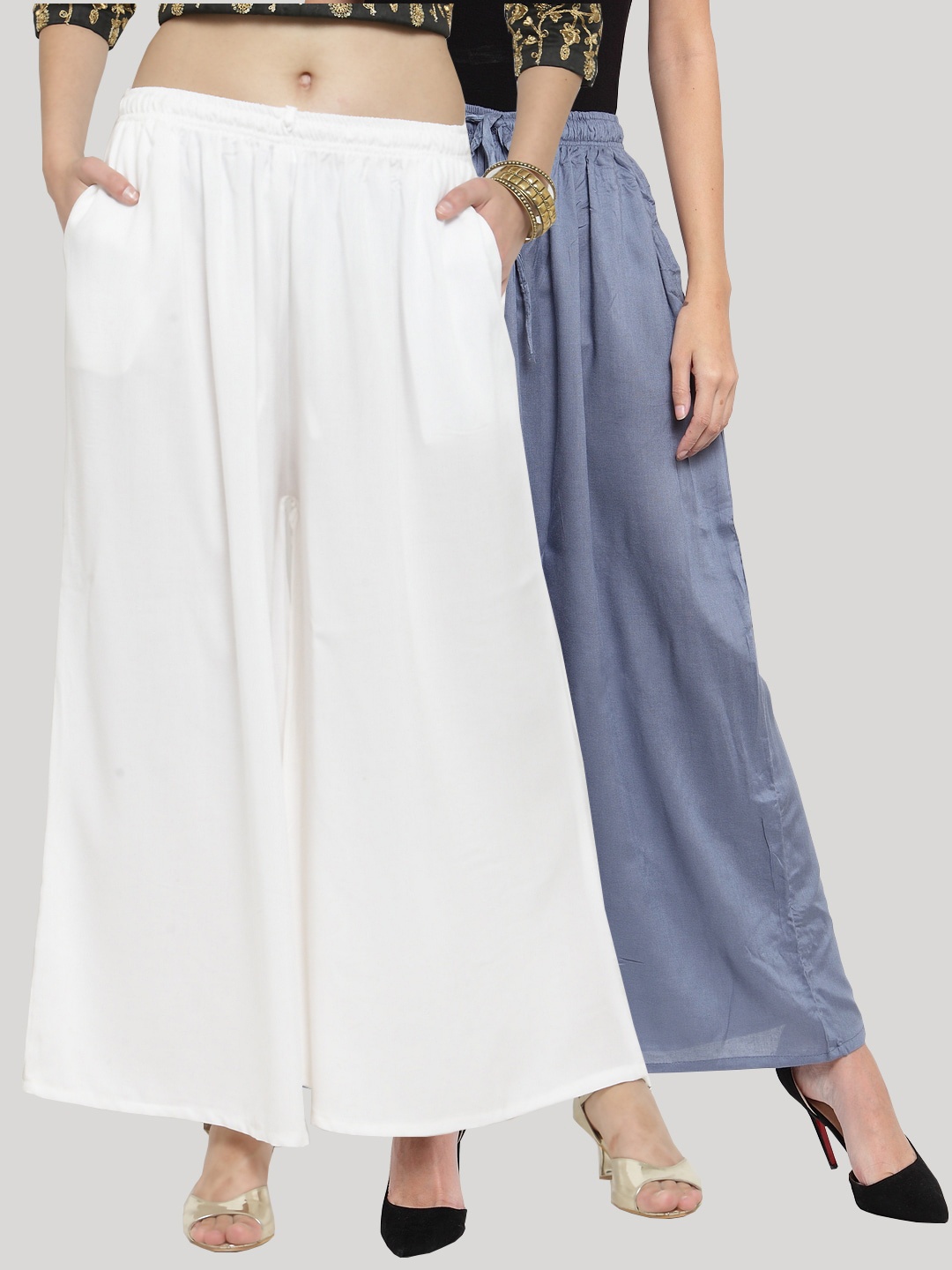 

Clora Creation Women Pack Of 2 White & Grey Solid Wide Leg Palazzos