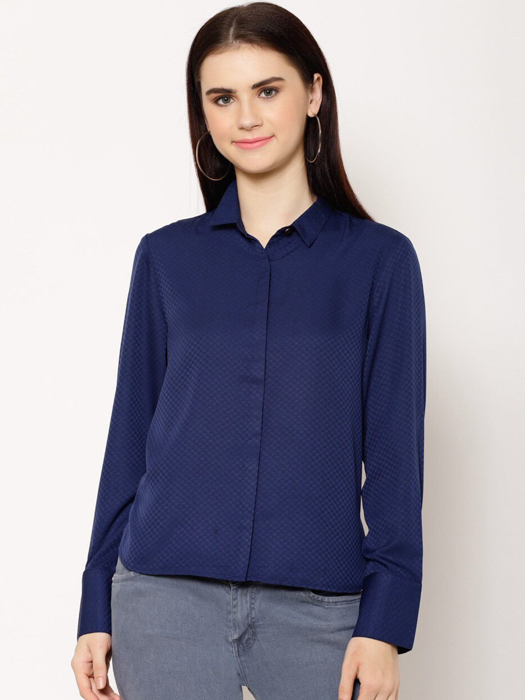 

HOUSE OF KKARMA Women Navy Blue Regular Fit Self Design Casual Shirt