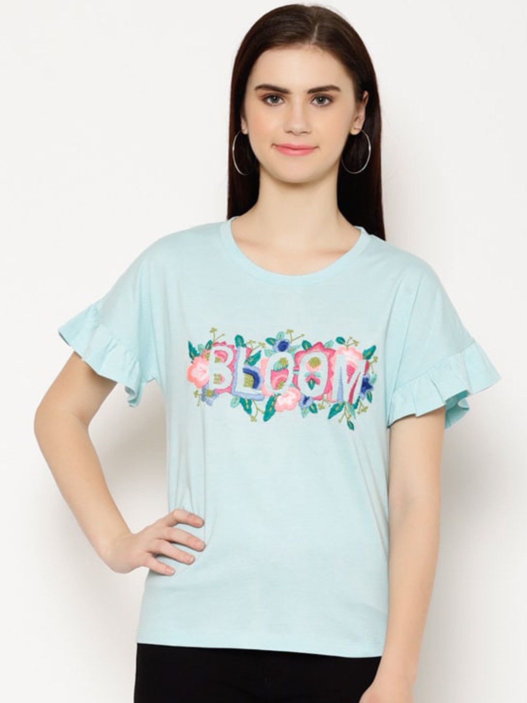 

HOUSE OF KKARMA Women Blue Bloom Embroidery Round Neck T-shirt