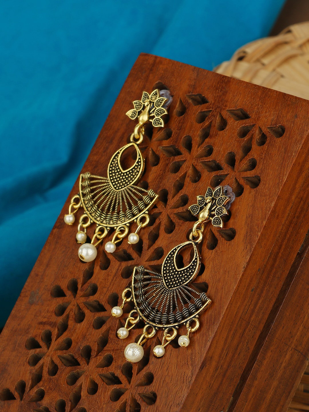 

ANIKAS CREATION Gold-Toned Floral Pearl Drop Earrings