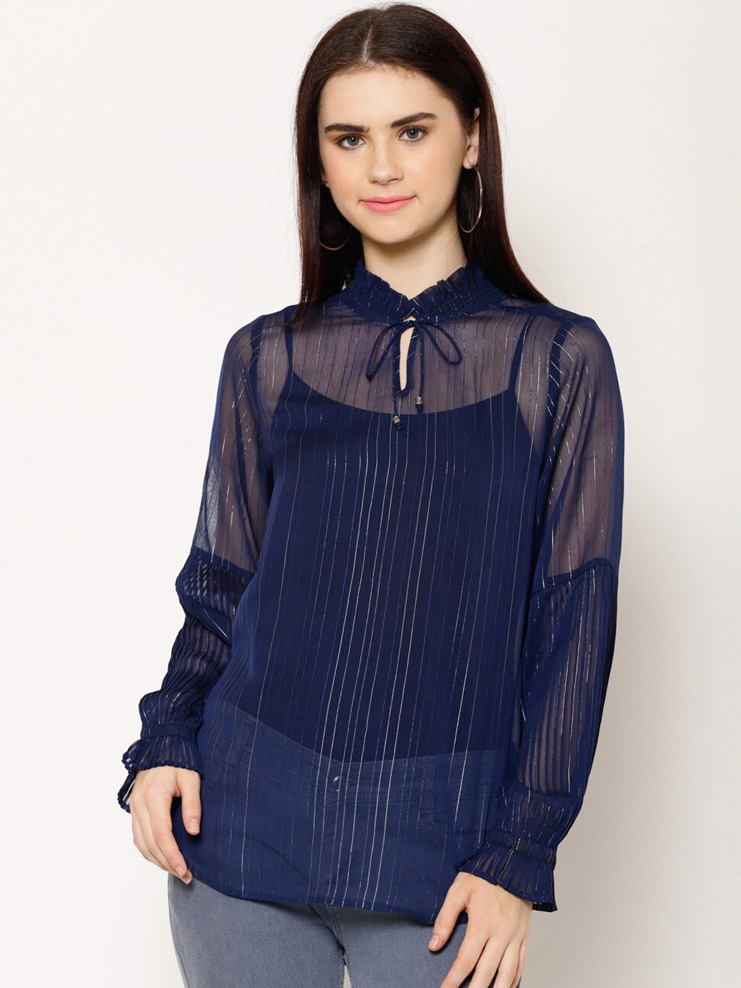 

HOUSE OF KKARMA Women Navy Blue Striped Top
