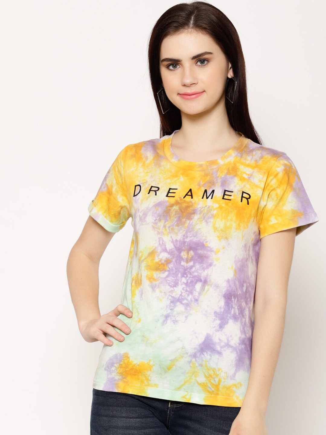 

HOUSE OF KKARMA Women Mustard Yellow Tie & Dye Print Round Neck T-shirt