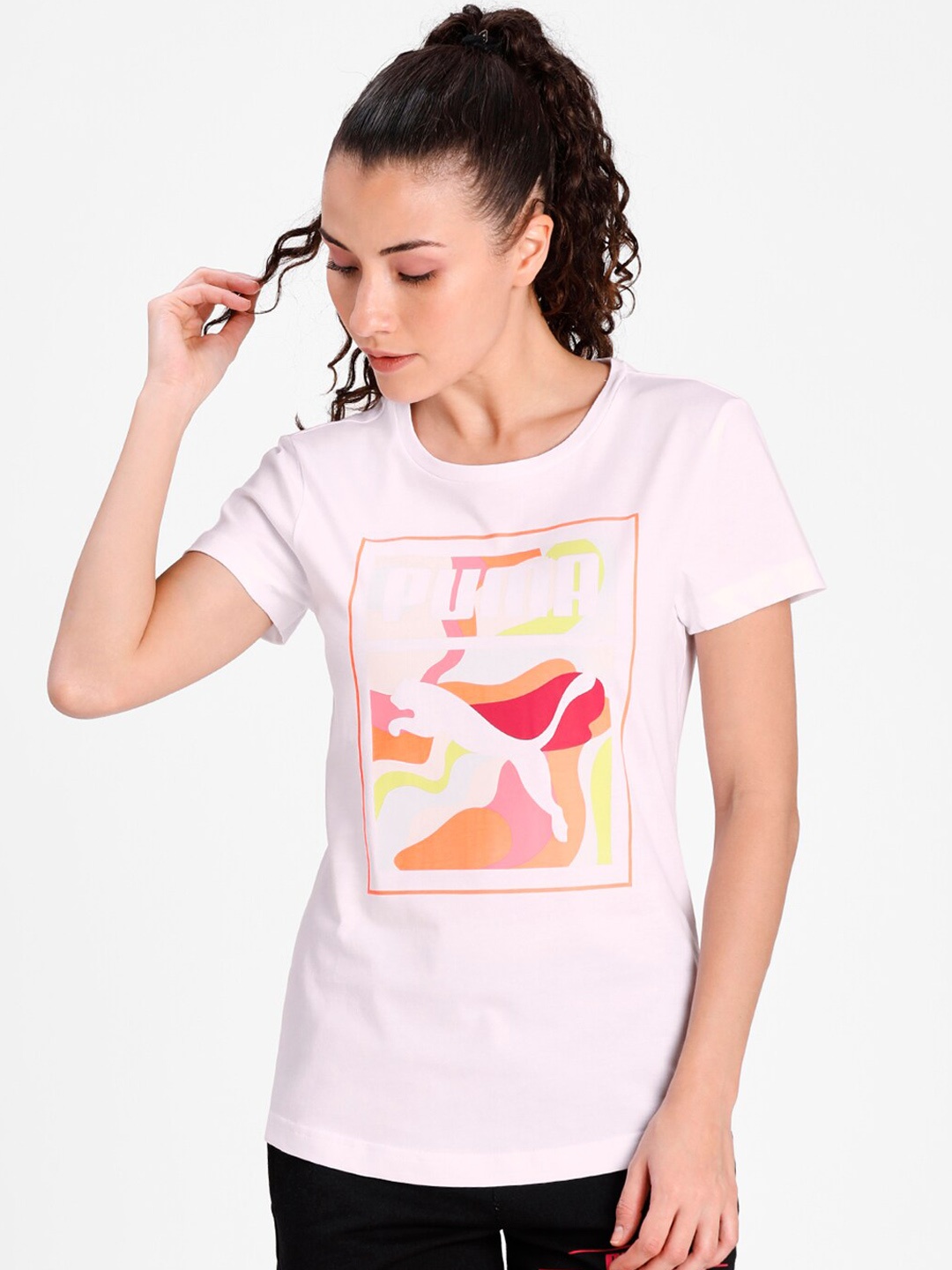 

Puma Women Pink Printed Round Neck Box Graphic Tee