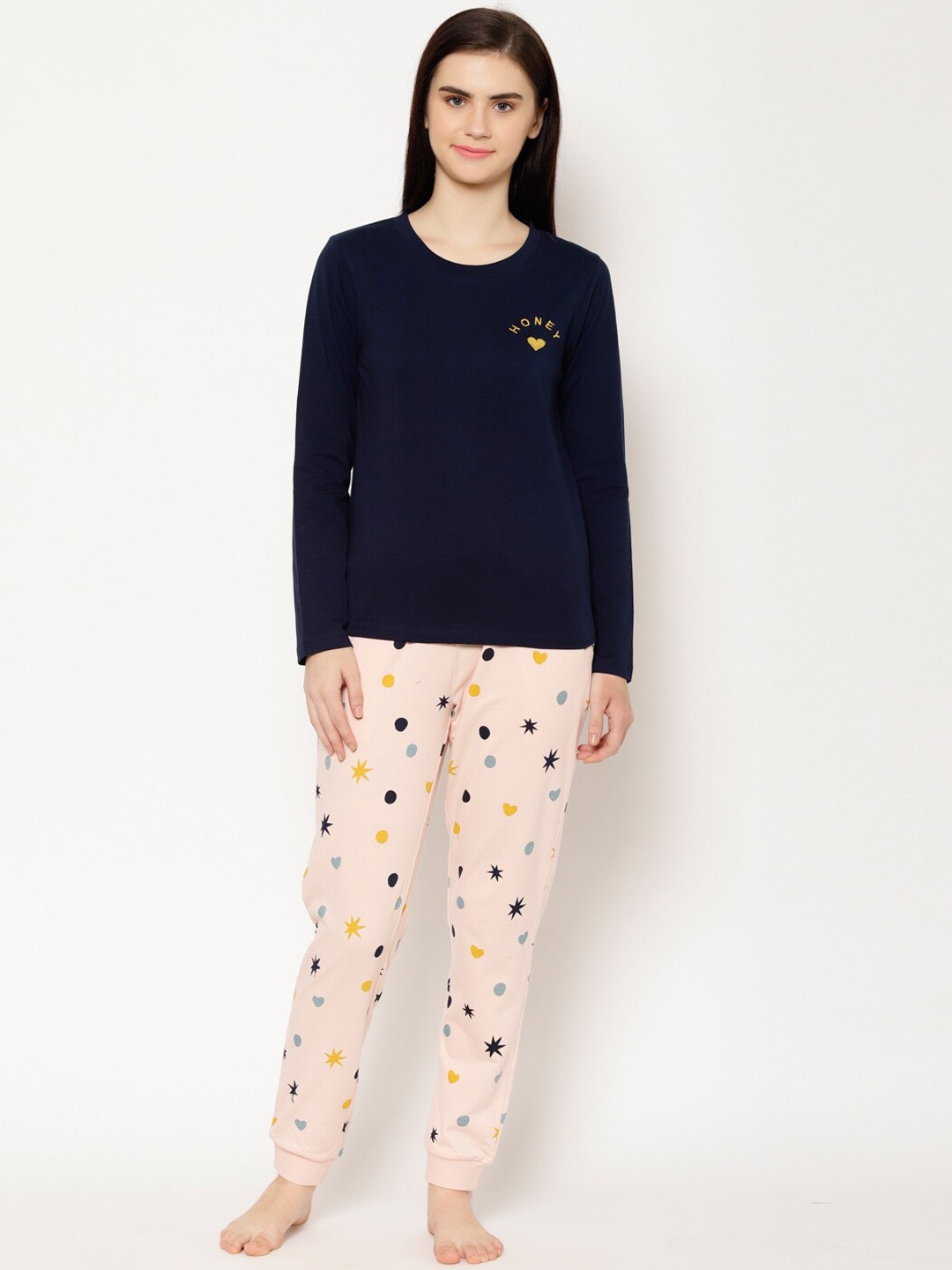 

HOUSE OF KKARMA Women Navy Blue & Peach-Coloured Solid Night suit