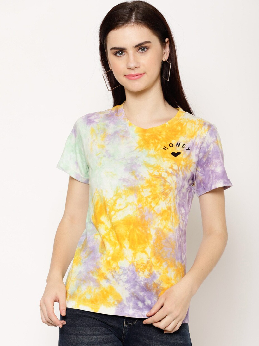 

HOUSE OF KKARMA Women Yellow Dyed Round Neck T-shirt