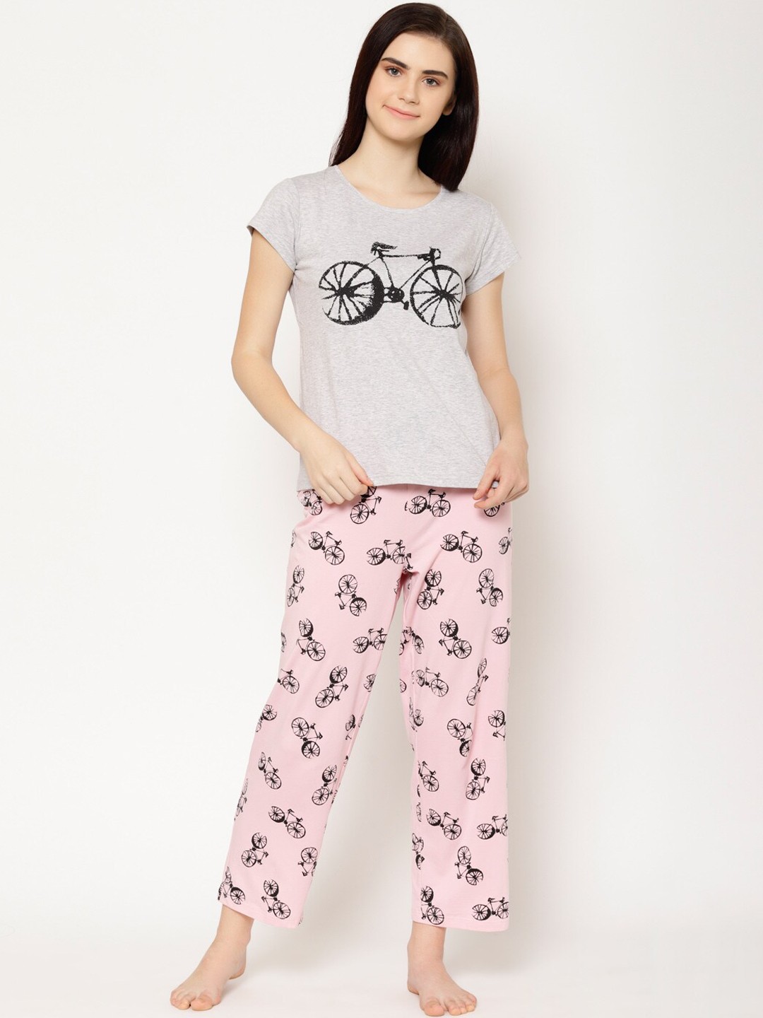 

HOUSE OF KKARMA Women Grey & Pink Printed Night Suit