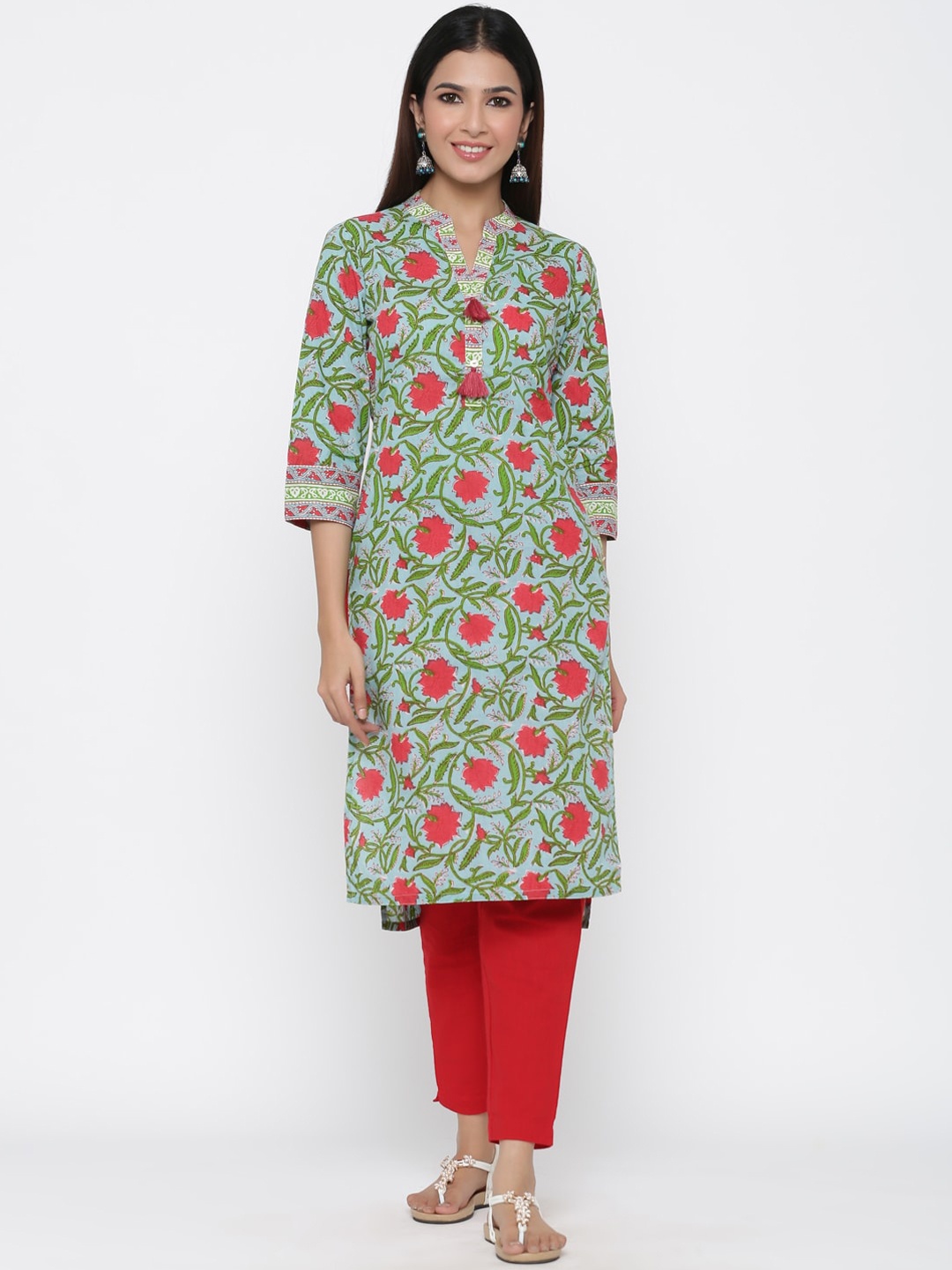 

Jaipur Kurti Women Blue & Red Printed Straight Kurta