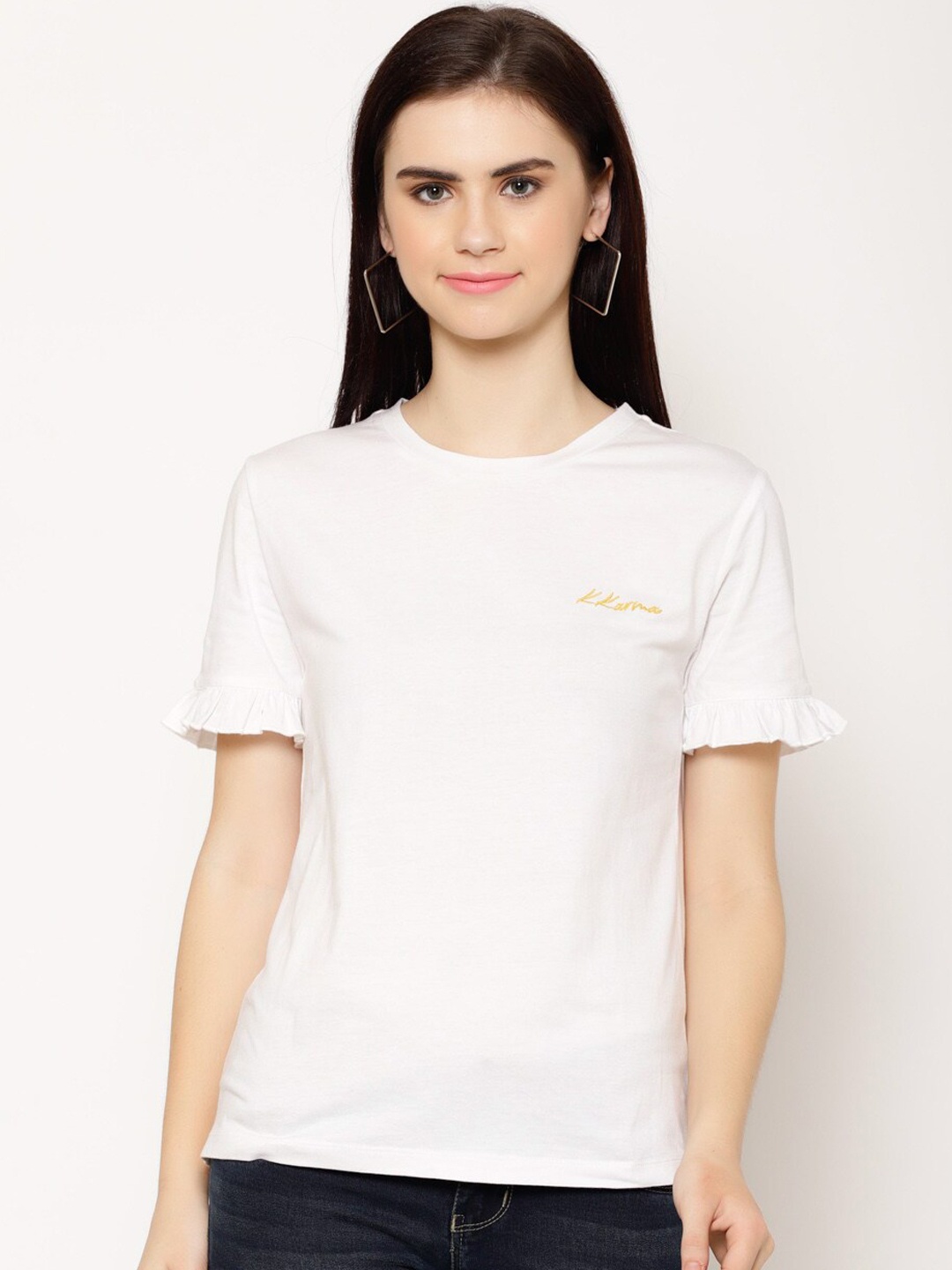 

HOUSE OF KKARMA Women White Solid Round Neck T-shirt