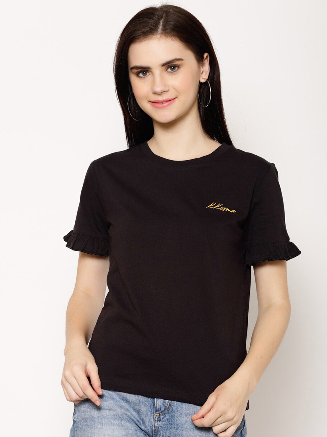 

HOUSE OF KKARMA Women Black Solid Round Neck T-shirt