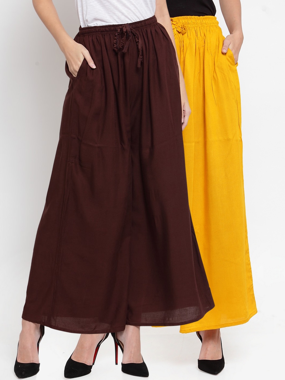 

Clora Creation Women Pack Of 2 Yellow & Brown Solid Wide Leg Palazzos
