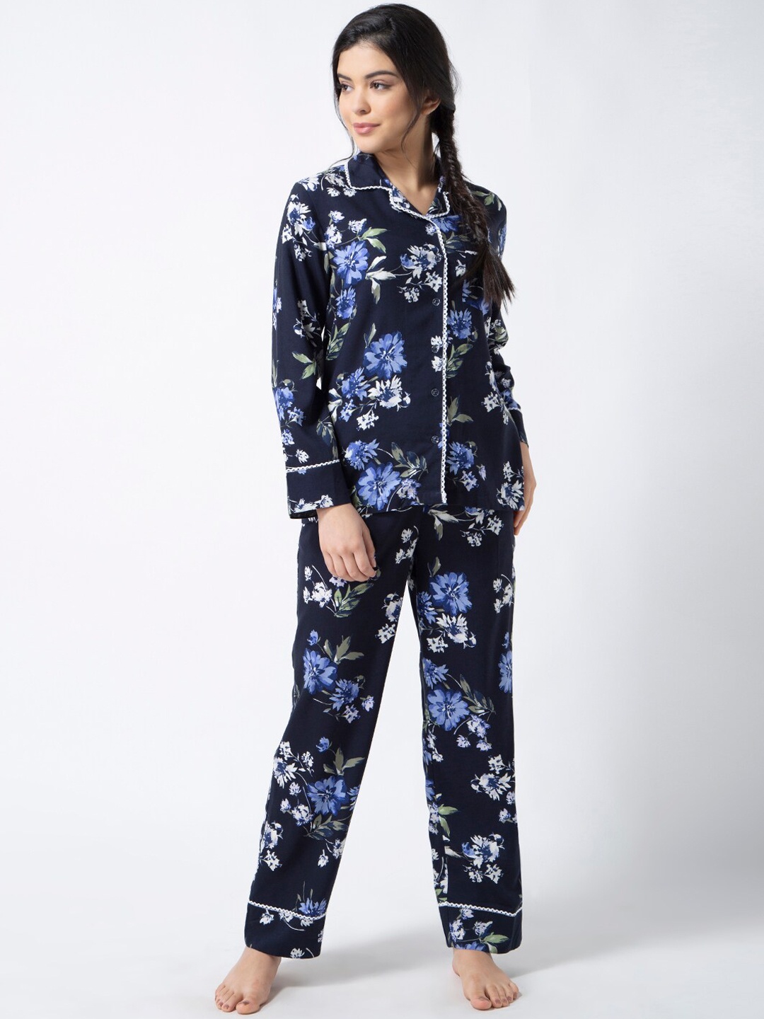 

ADORENITE Women Navy Blue & White Printed Night suit