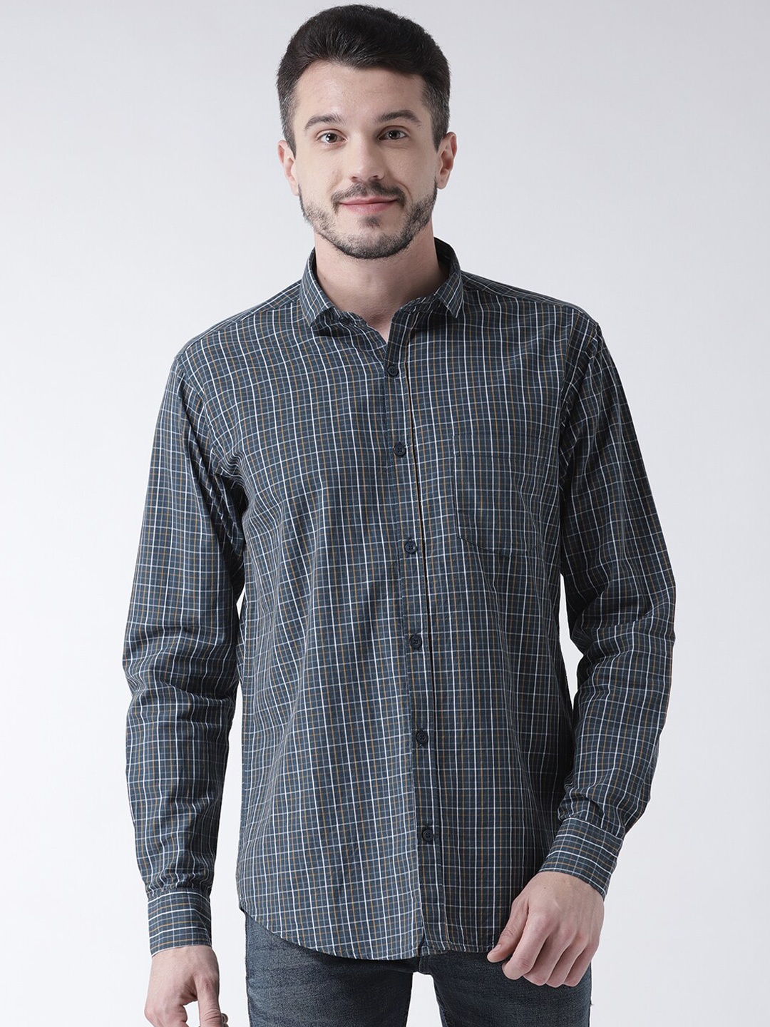 

Routeen Men Teal Green & White Slim Fit Checked Casual Shirt