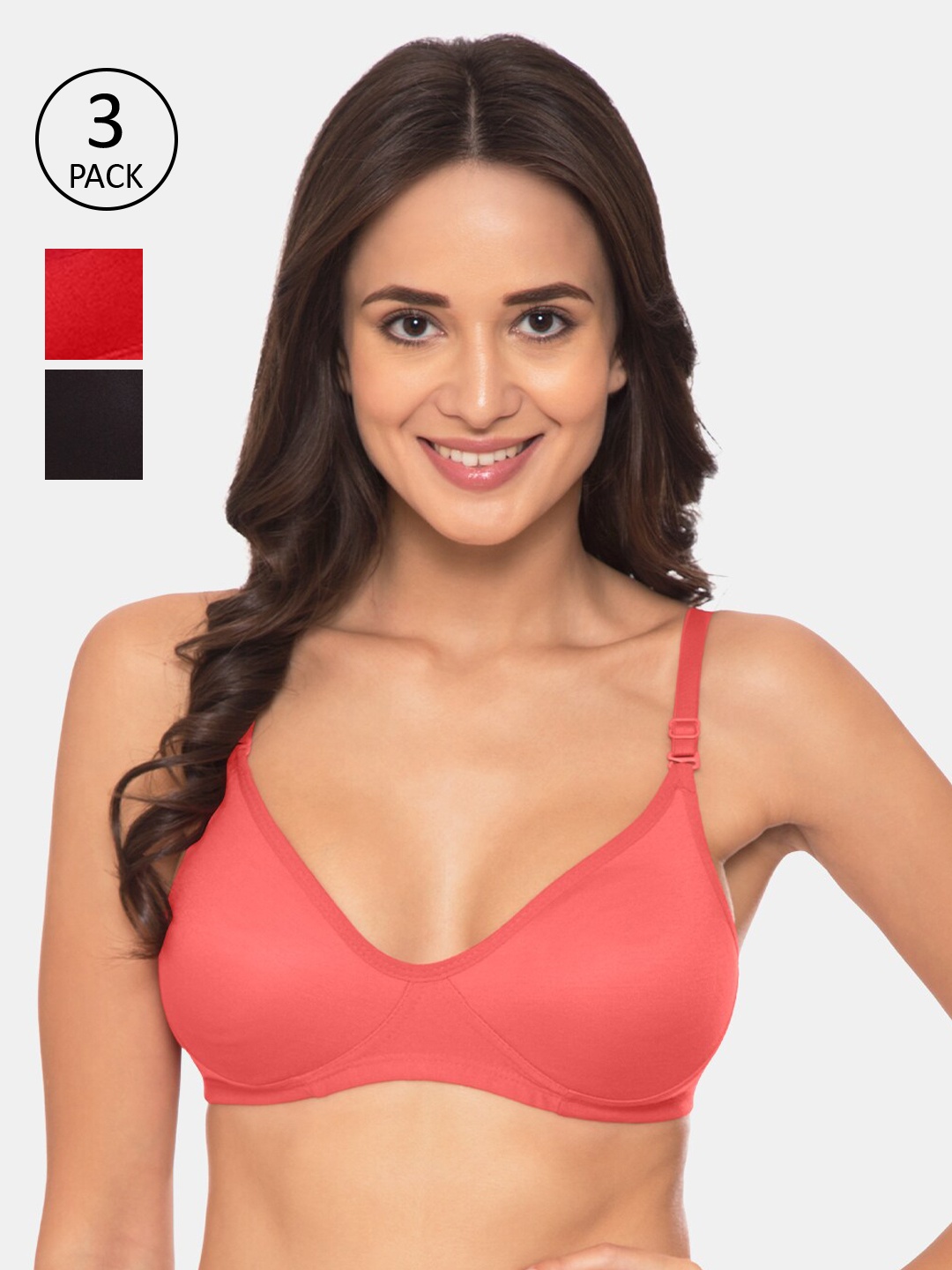 

Souminie Coral & Red Pack of 3 Non-Wired Non Padded Everyday Bra S-134-CRL-RD-BLK-32D