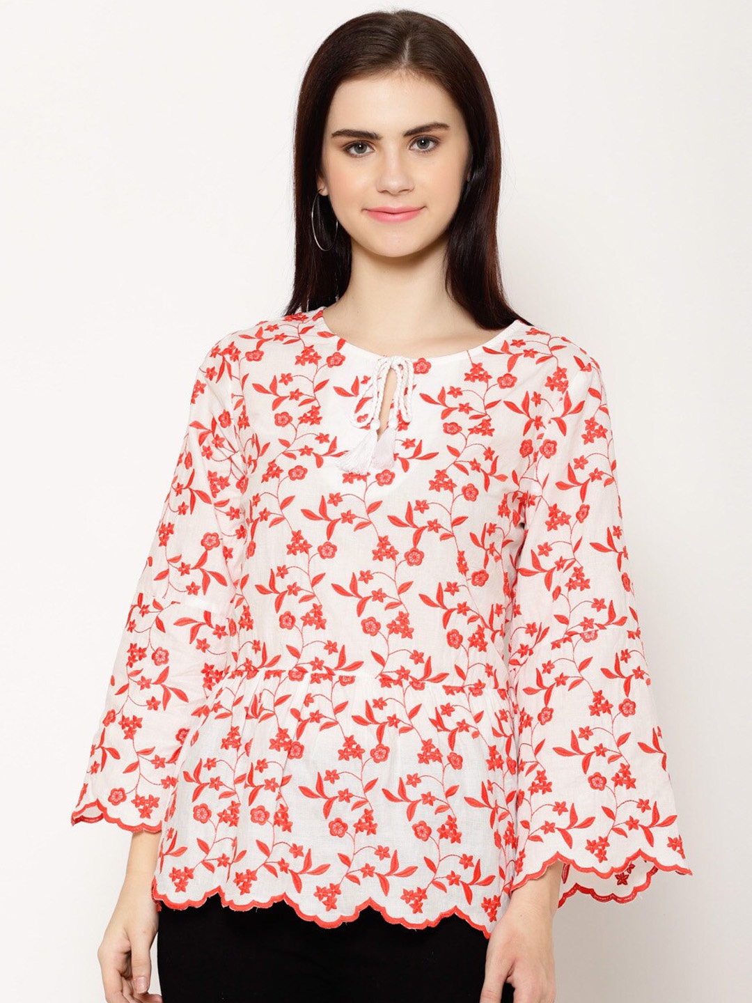 

HOUSE OF KKARMA Women White Embroidered Peplum Top